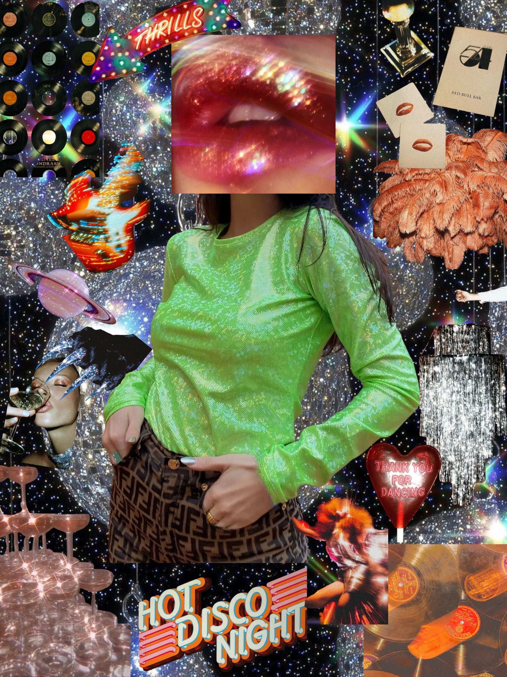 Collage with a person in a green shirt, disco-themed decorations, and text 'Hot Disco Night'.