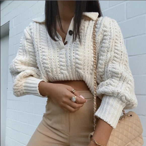 Zara Jeweled Button Cozy Cream Cable Knit Sweater