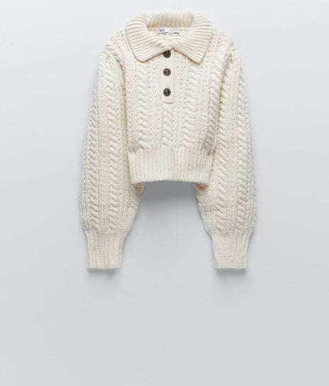 Zara Jeweled Button Cozy Cream Cable Knit Sweater
