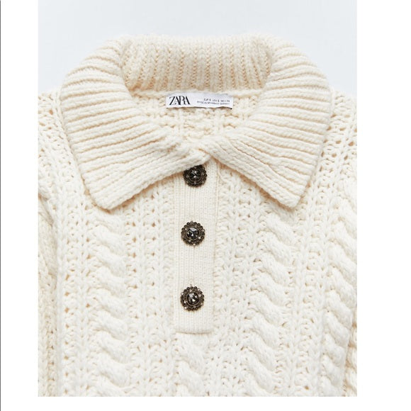 Zara Jeweled Button Cozy Cream Cable Knit Sweater